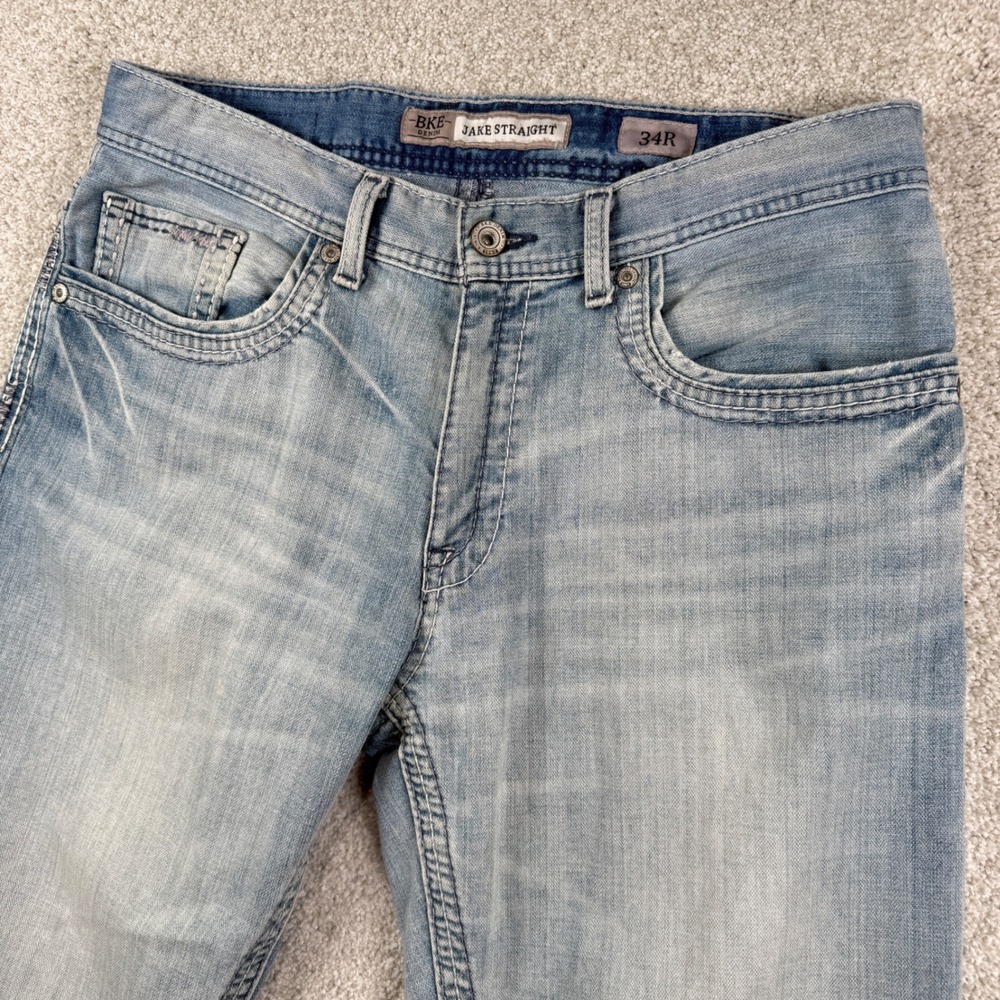 BKE Jake Straight Jeans Mens 34R Light Wash Blue Denim 100% Cotton Embroidered
